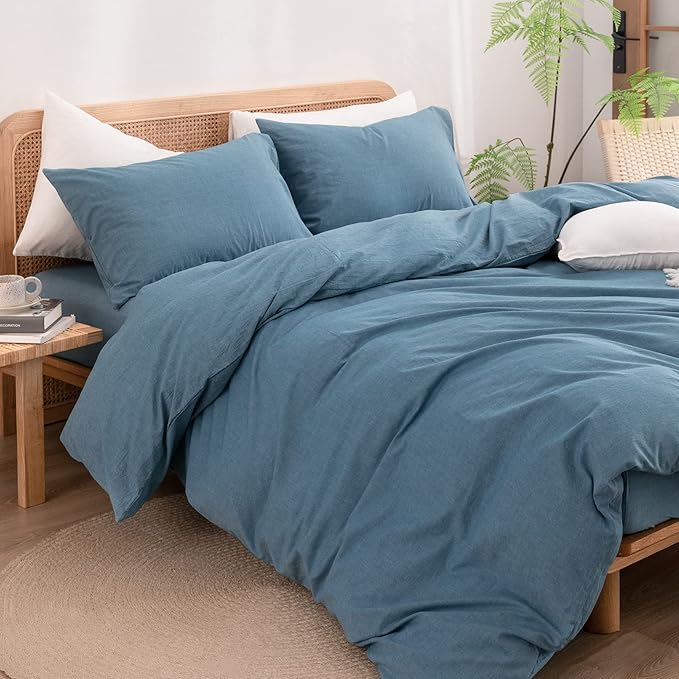 BESTOUCH Duvet Cover Set 100% Washed Cotton Linen Feel Super Soft Comfortable Chic Lightweight 3 PCs Home Bedding Set Solid Dark Blue Cal King