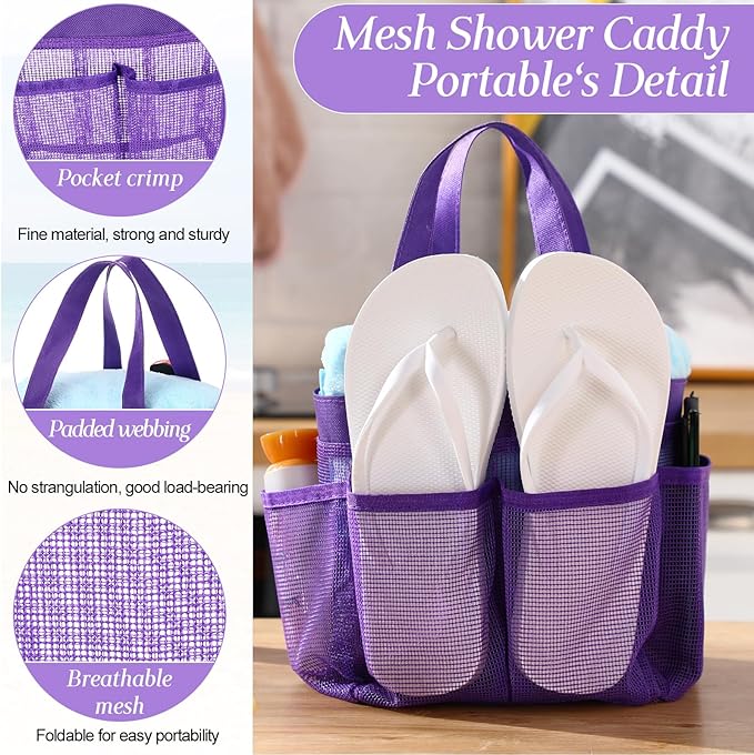 Hillban 4 Pcs Mesh Shower Caddy Portable Large Quick Dry Shower Caddy Basket with Deeper 8 Pockets and 2 Handles Hanging Bag for College Dorm Room (Purple)