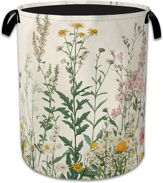 Wildflowers Laundry Hamper With Handle,Foldable Oxford Cloth Vintage Herb Flower Botanical Laundry Basket,20.8"x16" Clothes Storage Basket for Laundry Room/Bedroom/Bathroom