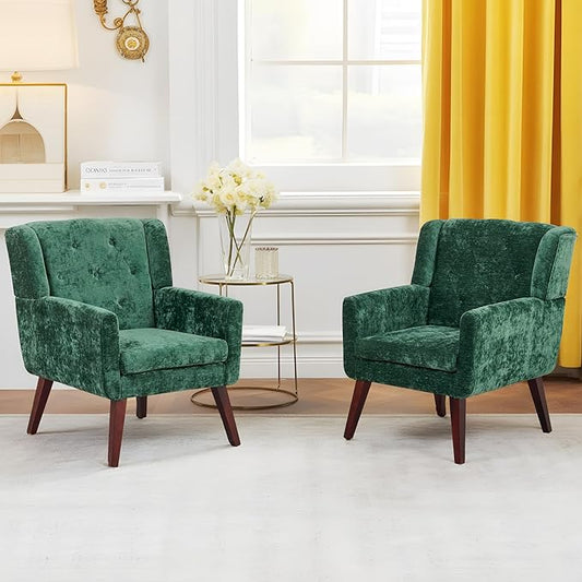 Accent Chair Button-Tufted Upholstered Living Room Chairs Comfy Reading Chair Mid Century Modern Chair with Linen Fabric Lounge Arm Chairs for Living Room Bedroom（Green Set of 2）