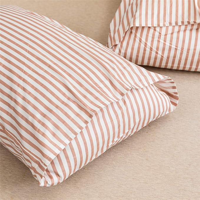 JELLYMONI 100% Natural Cotton 2pcs Striped Duvet Cover Sets,White Duvet Cover with Pink Stripes Pattern Printed Comforter Cover,with Zipper Closure & Corner Ties(Twin Size)