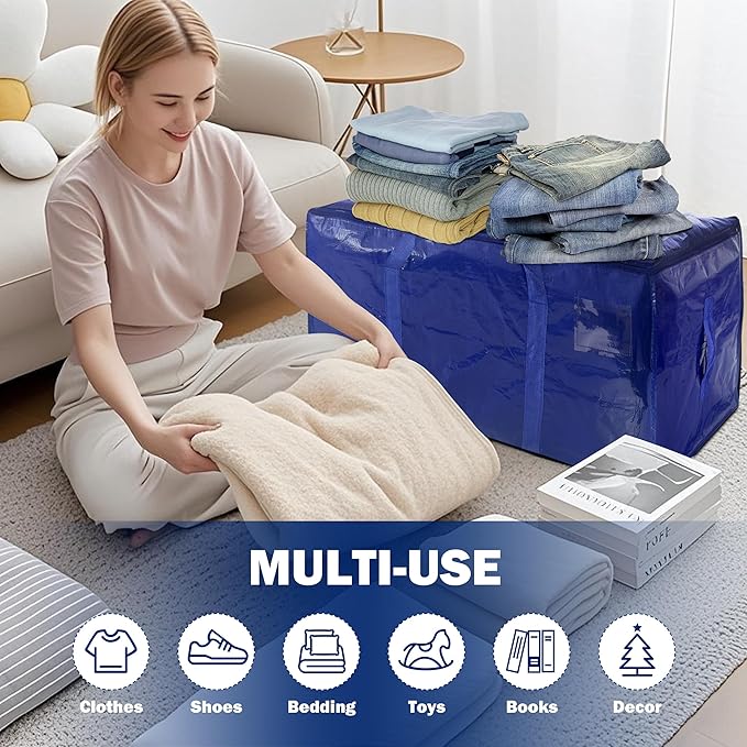 12 Pack Extra Heavy Duty Large Moving Bags with Strong Zipper & Carrying Handles, Sturdy Clothes Storage Bag Totes Bins, Packing Bags Moving Boxes College Moving Supplies, Dark Blue - 40 gal