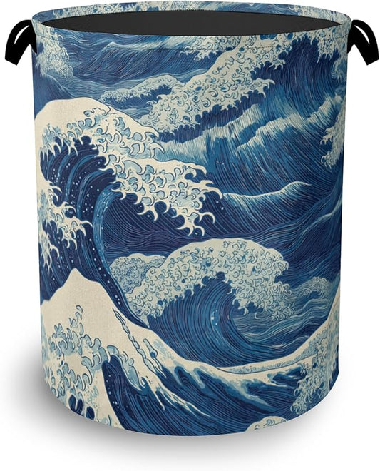 Ocean Wave Laundry Basket,Japanese Foldable Oxford Cloth Tote Bag Laundry Hamper Clothes Storage Bucket Organizer for Bedroom Laundry Storage Dormitories 16" x 20.8"