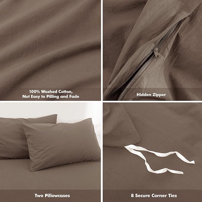 FOSSA Duvet Cover Set 100% Washed Cotton Linen Feel Super Soft Breathable Cozy 3 Pieces Bedding Sets Solid Pale Brown Oversized King