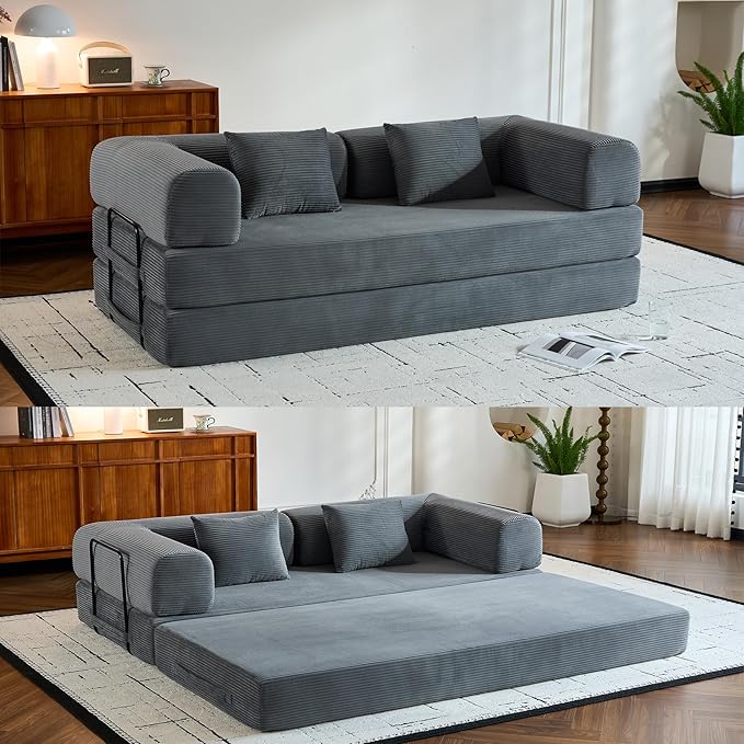 Comfy Convertible Folding Mattress Couch, Floor Sofa Bed with Fixed-Shape Frame, Corduroy Floor Sofa with Armrest, Floor Sofa Lounge Couch for Living Room Bedroom Lounge Studio,Grey
