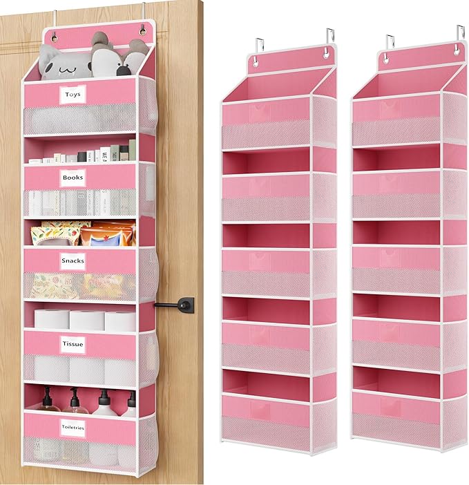 Over The Door Organizer Hanging, 2 Pack 5 Shelf Behind The Doors Storage, Pantry Door Organizer, Closet Organizers for Bedroom and Nursery (Pink)
