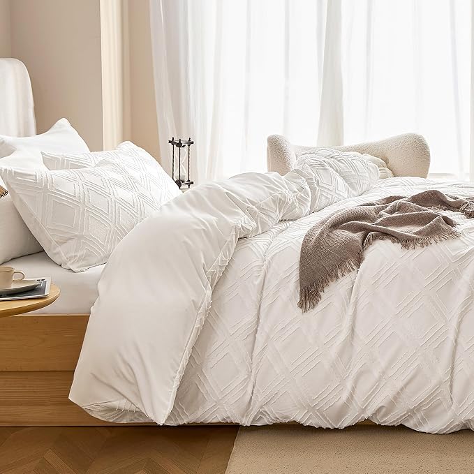 JELLYMONI Duvet Cover Full Size White - 3PCS Boho Duvet Cover Set Plaid Polyester Tufted Bohemian Jacquard Knit Textured Comforter Cover 80×90in Rhombic Geometric Pattern Corner Ties & Zipper