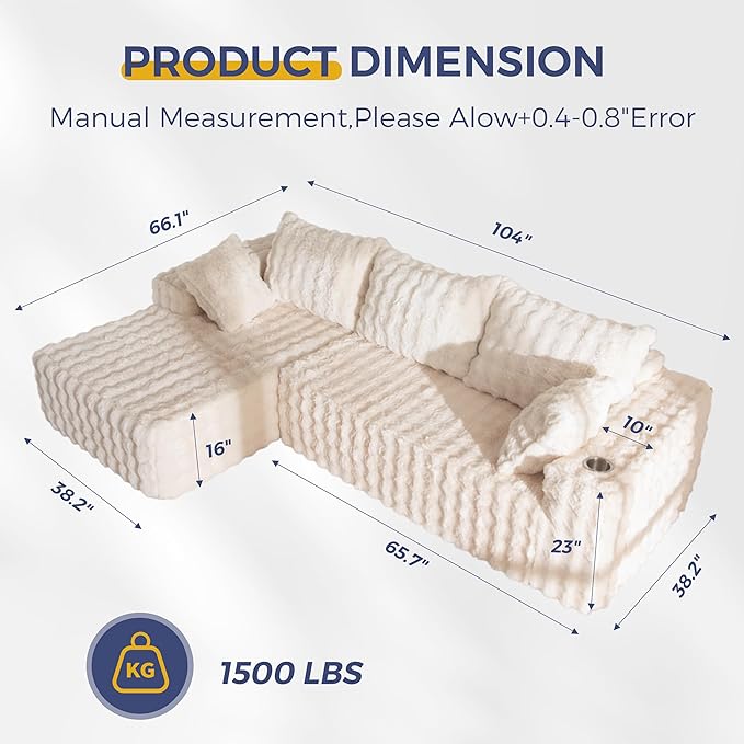 MAXYOYO 104" Modular Sectional Couch with L-Shape Chaise, Modern Boneless Couch for Living Room, Sofa in A Box, Faux Fur Sofa Sleeper with Deep Seat, No Assembly Required, Beige