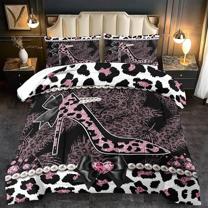 Sexy High Heels Leopard Print Comforter Set Queen Girls Red Cheetah Print Bedding Set Women High Heels Leopard Comforter Animal Quilt Bedroom Decor Cheetah Bedding Bed Decor