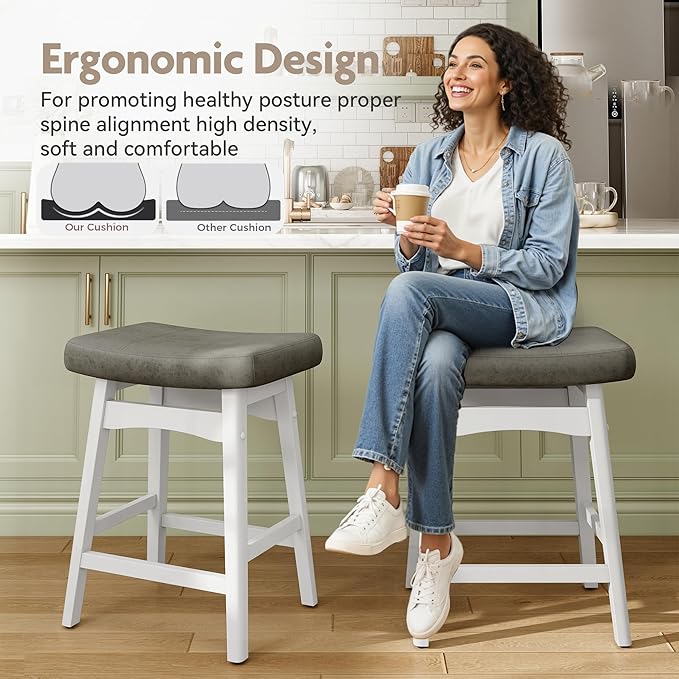 MAISON ARTS White Counter Height Bar Stools Set of 4 for Kitchen Counter Solid Wood Legs with Faux Leather Saddle Seat Farmhouse Barstools for 34"-38" Counter Island Upholstered Stools, 24in Height