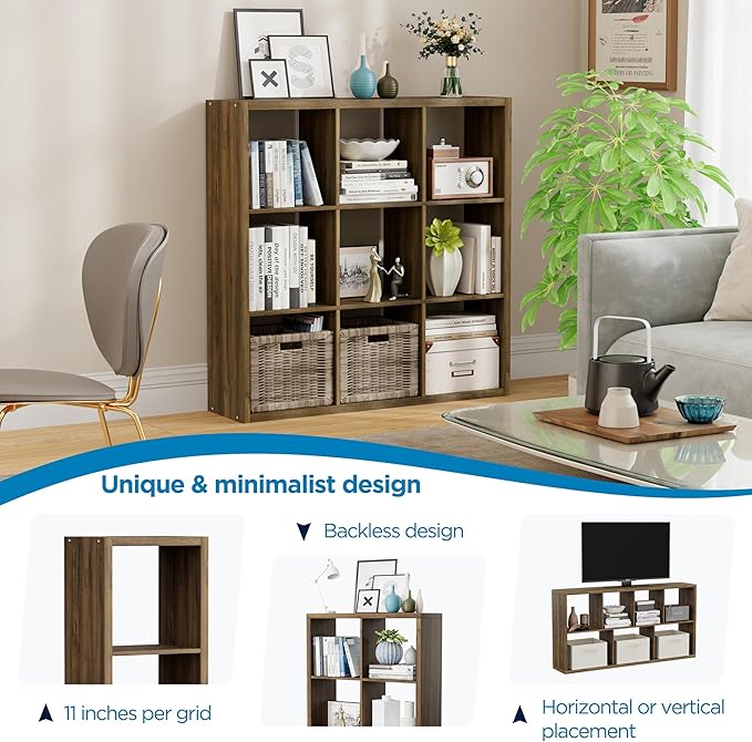 9-Cube Storage Organizer, Wooden Cube Shelf Bookcase with Reinforced Thick Shelves, Heavy-Duty 36.93" L x 9.37" W x 36.93" H, for Living Room Bedroom Home Office, Brown