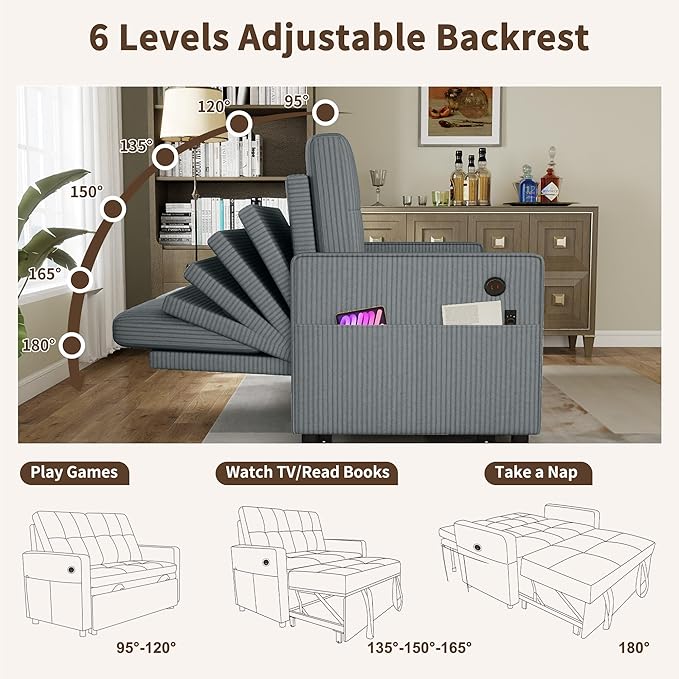 3 in 1 Convertible Sleeper Sofa Bed, Pull Out Couch with Charging Station, Corduroy Small Loveseat Sleeper Sofa with Adjustable Backrest for Apartment, Bedroom, Small Space（Dark Grey）
