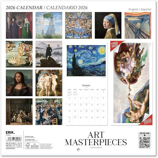 Art Masterpieces Wall Calendar 2026 12" x 12" FSC® Plastic Free - Starts Week On Sunday | Family Planner Art Calendar 2026