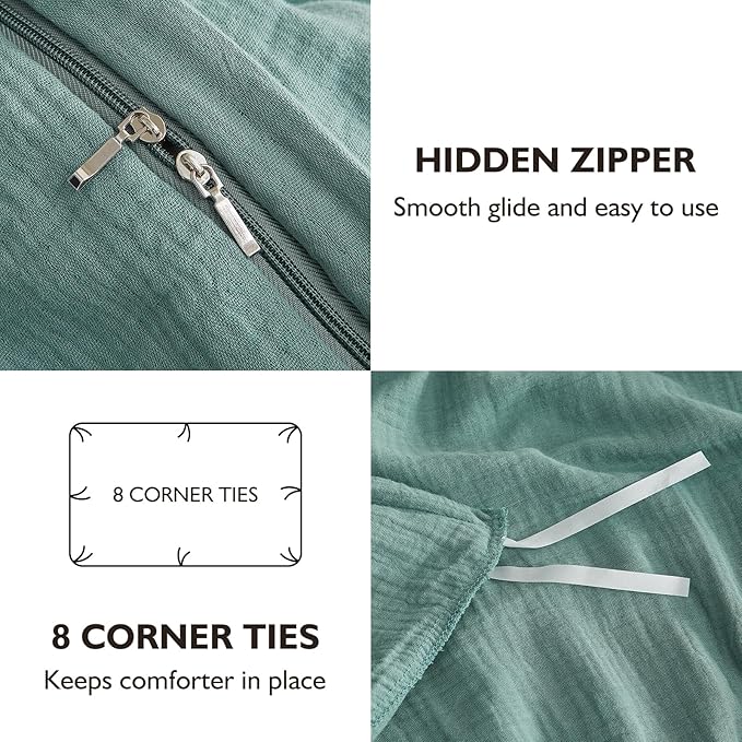 EMME Muslin Cotton Duvet Cover Set Teal Queen Size Linen Like Soft Breathable Lightweight Summer Comforter Cover Set with Zipper Closure (Teal, Queen, 90"x90")