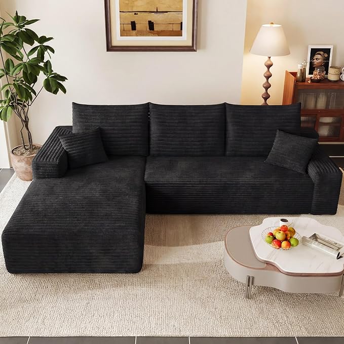 95" Modular Sectional Couch, Boneless L Shaped Cloud Sofa with Chaise Lounge, Corduroy Upholstered Couches Memory Foam Deep Seat, No Assembly Required, Ideal for Living Room(Black, Left Facing)