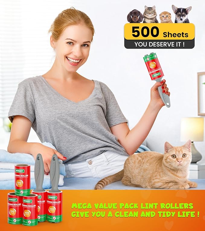 Lint Rollers for Pet Hair Extra Sticky, 500 Sheets Mega Value Set Roller with 2 Upgraded Handles, 5 Portable Remover Clothes, Furniture, Carpet, Dog & Cat Removal