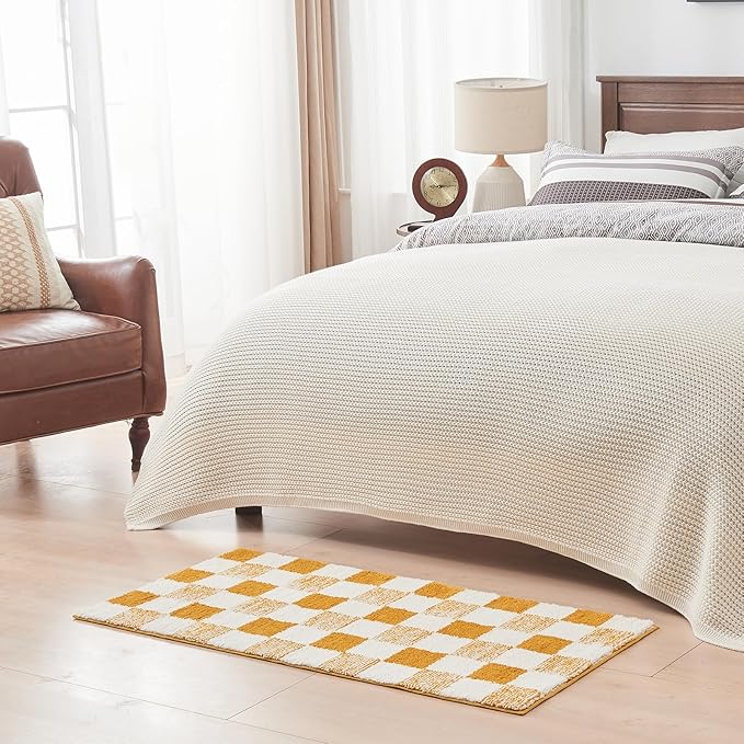 CozeCube Bath mats for Bathroom Non Slip, Fluffy Absorbent Microfiber Bath mat Washable, Aesthetic Bathroom Rugs, Long Harvest Gold Checkered Bath mat, Harvest Gold, 47" x 24"