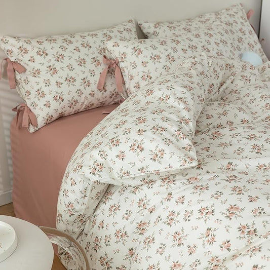 mixinni Vintage Style Girls Pale Pink Flower Pattern Duvet Cover Full Soft Aesthetic Floral Cotton Bedding Set 1 Duvet Cover with 2 Bow Tie Pillowcases for Teen Girl Cute-Full Size