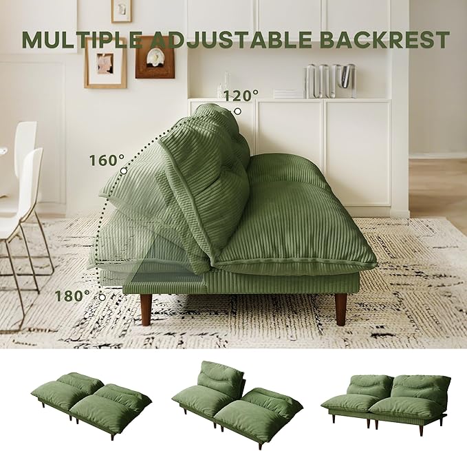 Futon Sofa Bed, 4 in 1 Multi-Functional Futon Couch with Adjustable Backrest, 75 inch Convertible Sleeper Sofa Bed and Recliner Lounge, Corduroy Loveseat for Living Room, Apartment, Green