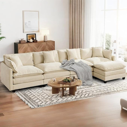SoarFlash 149.61" Chenille Sectional Sofa, Comfy L Shaped Modular Coush Sofa with Ottoman, Modern 4 Seat Couch Deep Seat Sofa Set for Living Room,Beige