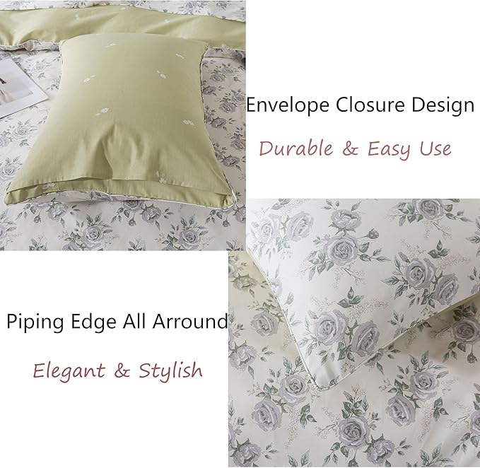FADFAY Rose Duvet Cover Set Vintage Peony Floral Bedding Botanical Quilt Cover Set Shabby Farmhouse Bedding 100% Cotton Soft Comforter Cover with Hidden Zipper Closure 3Pcs, King/California King Size
