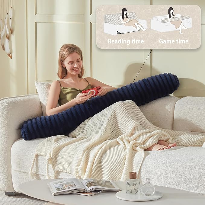 Headboard Pillow + A Long Neck Roll Pillow Body Pillow，Faux Fur Headboard Wedge Pillow with Removable Cover (Blue, Queen：59x8x20 inches)