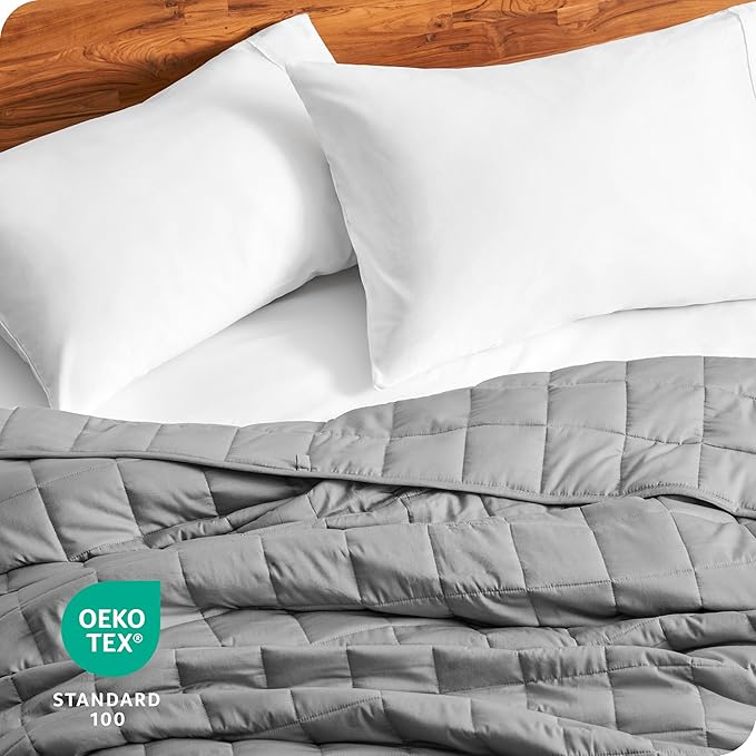 Bare Home Weighted Blanket All-Natural 100% Cotton with Nontoxic Glass Beads 60"x80" 17lbs, Light Grey