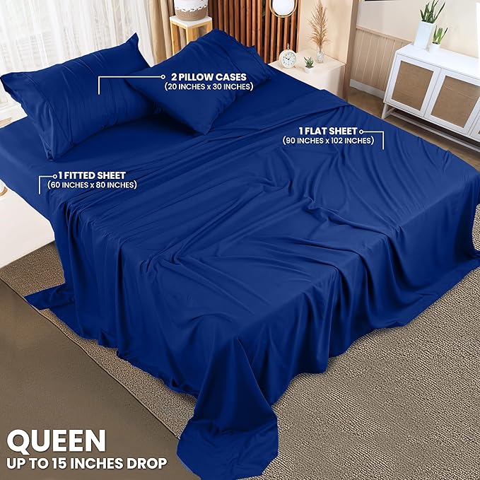 Utopia Bedding Queen Sheet Set – 4 Piece Bed Sheets for Queen Size Bed, Soft and Breathable Microfiber, Includes 1 Fitted Sheet, 1 Flat Sheet and 2 Pillowcases (Royal Blue)