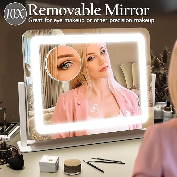 ROLOVE Vanity Mirror with Lights 15"x12", Lighted Makeup Mirror with 10X Magnification, 3 Color Lighting & Dimmable Brightness, Light Up Mirror for Desk, Bedroom, Bathroom