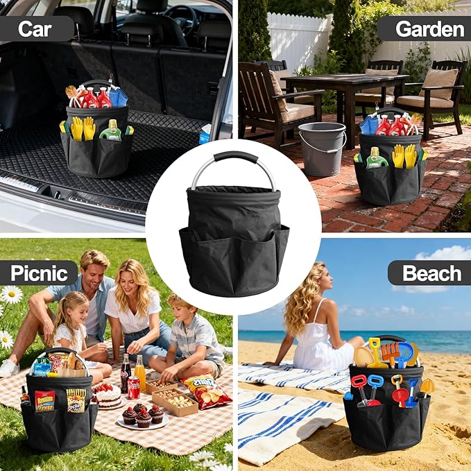 Bucket 17L Cleaning Organizer with Handle with 6 Pockets Foldable Storage Blue Portable Cleaning Bucket Bag Shower Box Home Garden Multifunctional Camping Storage Basket (Black)