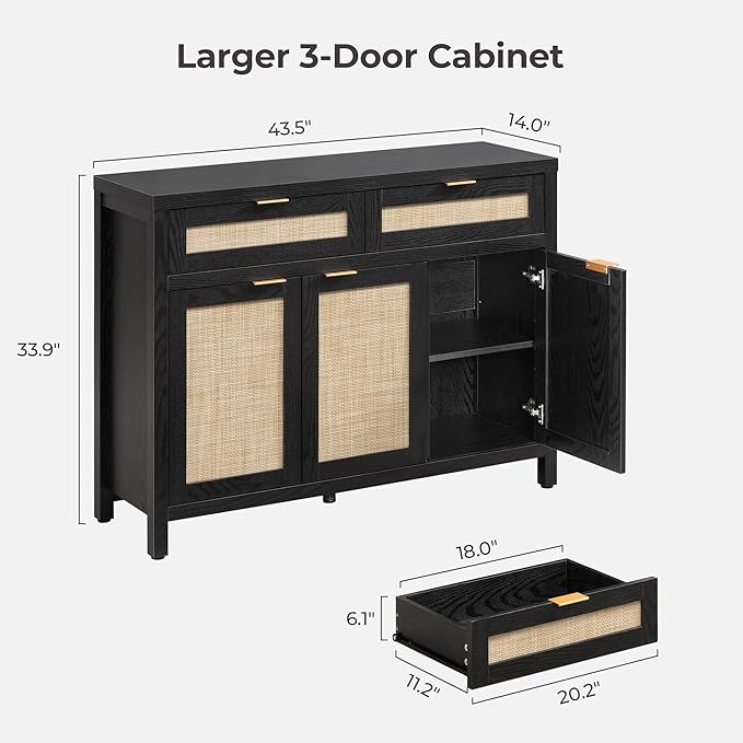 SICOTAS Rattan Sideboard Buffet Cabinet with Storage, Boho Credenza Accent Cabinet with 3 Doors and 2 Drawers, Farmhouse Console Coffee Bar Cabinets for Kitchen Living Room Entryway, Black Oak, 2 PCS