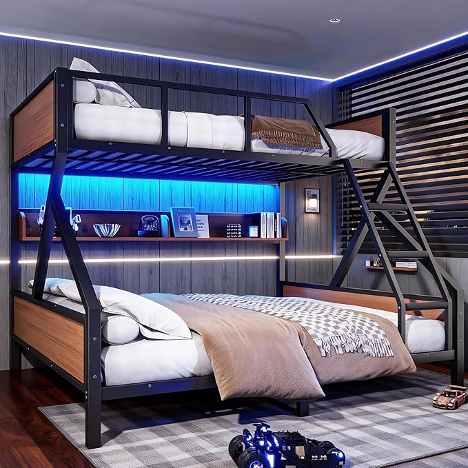 Queen over King Bunk Bed with Storage Shelves, Metal Bunk Beds with Ladders and LED Lights, Heavy-duty Bunkbed for Bedrooms, Guest Rooms and Dorms, No Box Spring Needed and Noise-free Design, Black