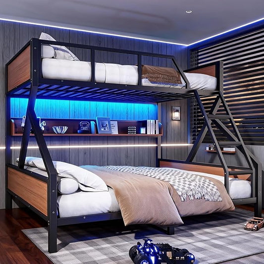 Queen over King Bunk Bed with Storage Shelves, Metal Bunk Beds with Ladders and LED Lights, Heavy-duty Bunkbed for Bedrooms, Guest Rooms and Dorms, No Box Spring Needed and Noise-free Design, Black