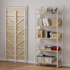 JSB Folding Bookshelf,Industrial Storage Shelves, No Assembly Vintage Wood Look Bookshelf with Storage Shelves for Living Room, Bedroom, Office (White, 5-Tier)