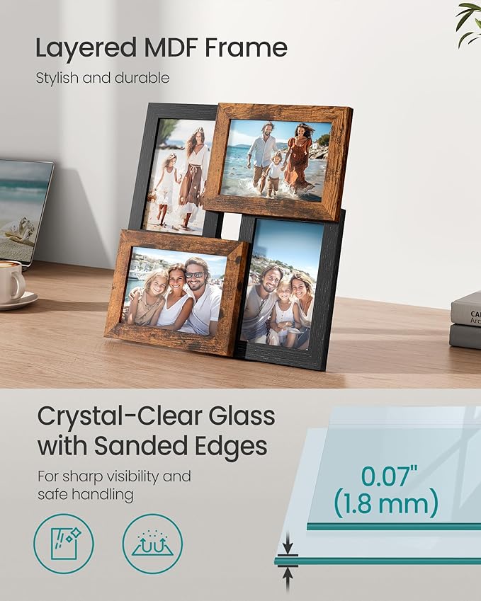 SONGMICS 4x6 Collage Picture Frames, Family Photo Collage Frame Set of 4 for Wall Decor, Glass Front, Wall Hanging or Tabletop, Ash Black and Rustic Brown URPF025K01
