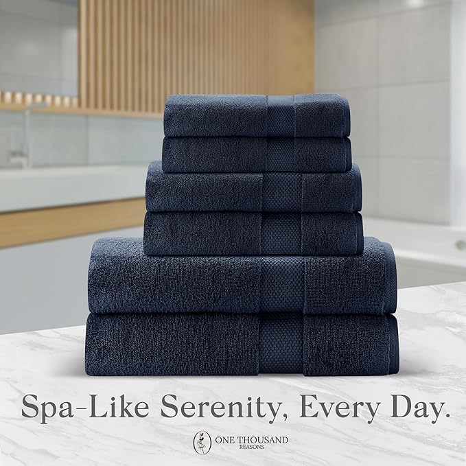 Premium Staple Cotton Bathroom Towel Set - Navy 600 GSM 6-Piece Luxury Bath Towel Set 1 Stripe - 2 Bath Towels, 2 Hand Towels & 2 Washclothes Set - High Absorbent & Quick Dry for Gym, Spa, Hotel