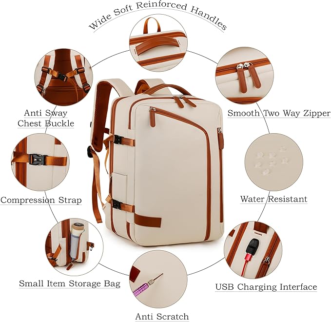 Travel Laptop Backpack for Men Women, Airline Approved Personal carry on Backpack with USB Charging Port,35L Large Water Resistant Durable anti theft Capacity Student Bag Fits 15.6 Inch Notebook,Cream