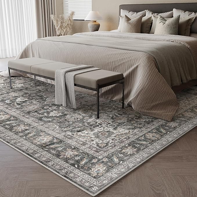 9x12 Vintage Area Rug Black Grey Living Room Bedroom Washable Carpet Non-Slip Soft Low Pile Distressed Indoor Large Throw Rug for Dining Room Office