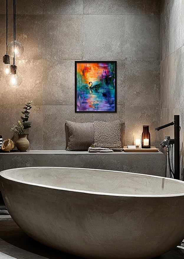 Monet Style Colorful Wall Art Prints Black Swan In The Misty Lake Poster Canvas Art Wall Decor Picture For Bedroom Dorm Office living room Bathroom Wall Decor Aesthetic Home Artwork 16" × 20" With Framed
