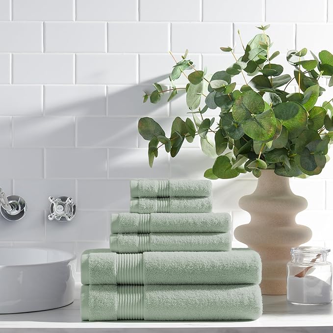 Arkwright Bath Towels Set of 6 - (Pack of 6) Super Soft 100% Cotton, 600 GSM Quick Dry & Absorbent, Luxury Bathroom Essentials with 12 Shower Towels, 12 Hand Towels and 12 Washcloths, Eucalyptus Green
