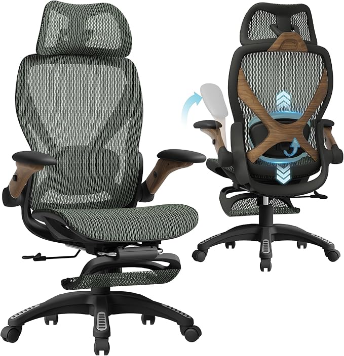ELABEST X100 Ergonomic Mesh Office Chair with Footrest, Big and Tall Hone Desk Chair with 5D Flip-Up Arms, Adjustable 3D Lumbar Support,Gaming & Executive Computer Chairs for Long Hours