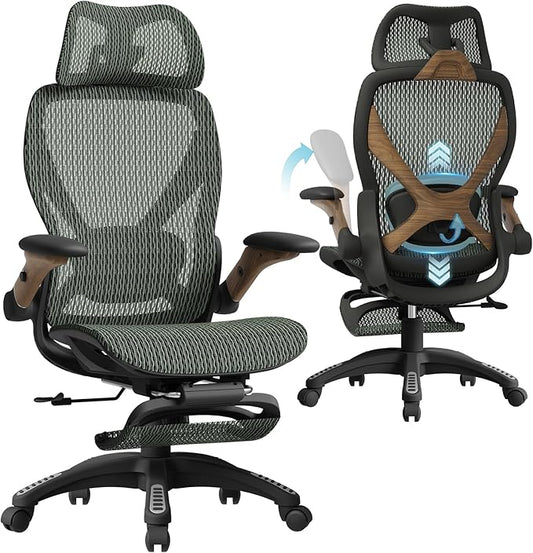 ELABEST X100 Ergonomic Mesh Office Chair with Footrest, Big and Tall Hone Desk Chair with 5D Flip-Up Arms, Adjustable 3D Lumbar Support,Gaming & Executive Computer Chairs for Long Hours