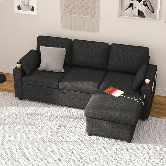 DURASPACE Sofa Bed, Sleeper Sofa Couch with Pullout Bed for Living Room, L Shaped Couch with Storage Chaise, USB, Cup Holder (Dark Gray)