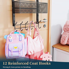 Consumest Over The Door Hooks Organizer - 4 Tier Door Coat Rack with 3 Baskets and 12 Hooks, Stainless Steel Towel Hanger for Bedroom, Bathroom, Living Room, Black