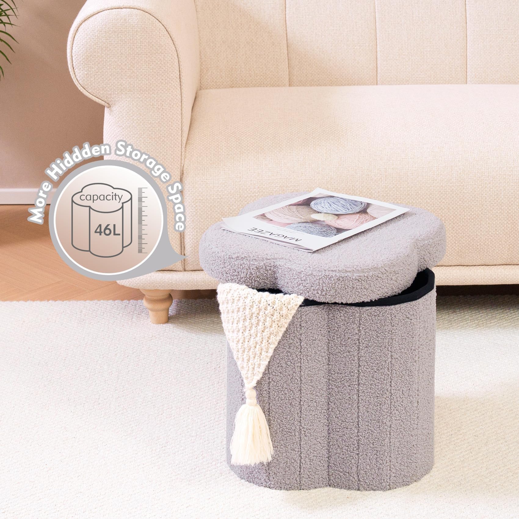 B FSOBEIIALEO Storage Ottoman Cube, Flowers Shaped Ottomans with Storage Foot Stool Footrest for Lving Room, Boucle Ottoman Seat for Dorm Room,Faux Teddy Fur,White 12.6"x12.6"x12.6" Dormly