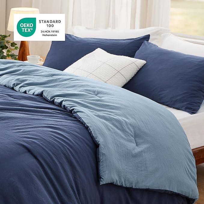 Bedsure Queen Size Comforter Set, Reversible Navy Soft Prewashed Bedding for All Seasons, 3 Pieces Warm Down Alternative Bed Set, 1 Lightweight Comforter (90"x90") and 2 Pillowcases (20"x26")