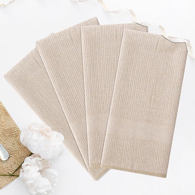 Homaxy Premium Kitchen Towels(18”x 28”, 6 Pack), Large Cotton Kitchen Hand Towels, Flat and Terry Dish Towels, 380 GSM Highly Absorbent Tea Towel Set with Hanging Loop, Khaki