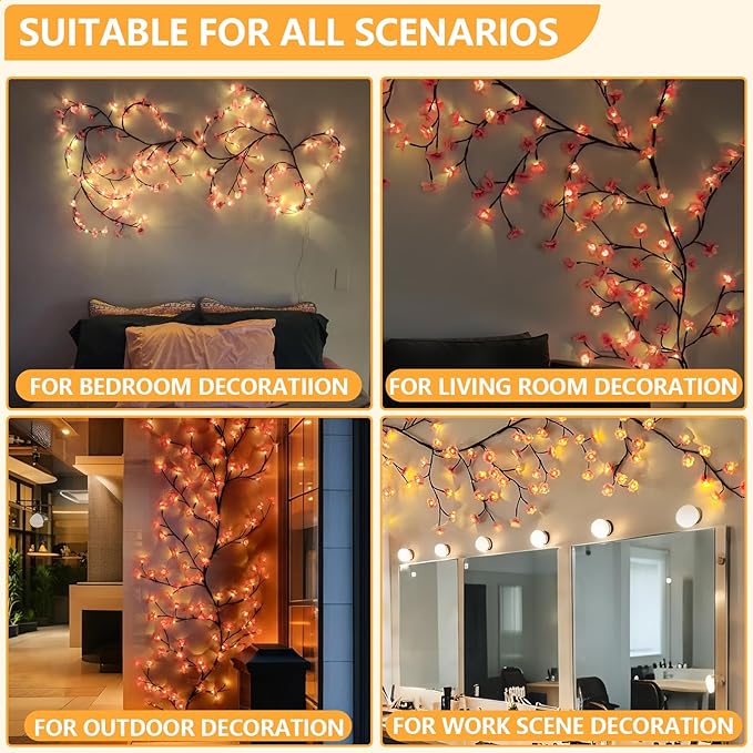 Cherry Enchanted Willow Vine Lights, 5.25FT 72LED Pink Cherry Blossom Tree Branch Lights for Wall, Remote Timer,8 Light Model,Bedroom Wall Doors Wedding, Christmas, USB Battery Box