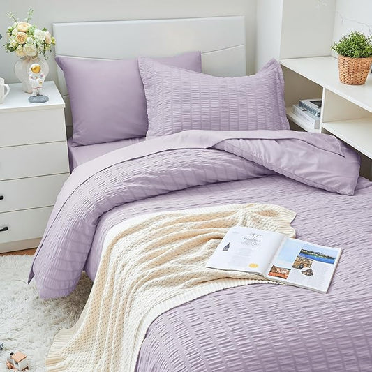HYMOKEGE Lavender Twin XL Comforter Set Seersucker 5 Pieces, All Season Luxury Bed in a Bag for Bedroom, Bedding Set with Comforter, Sheets, Pillowcase & Sham