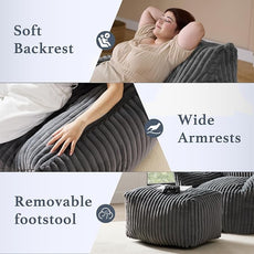 Oversized Bean Bag Chaise Lounge Chair Indoor for Adults with Armrests & Ottoman - Giant Comfy Gray Beanbag Floor Sofa Cloud Accent Chair for Reading, Gaming, Cozy Plush Cloud Mini Couch